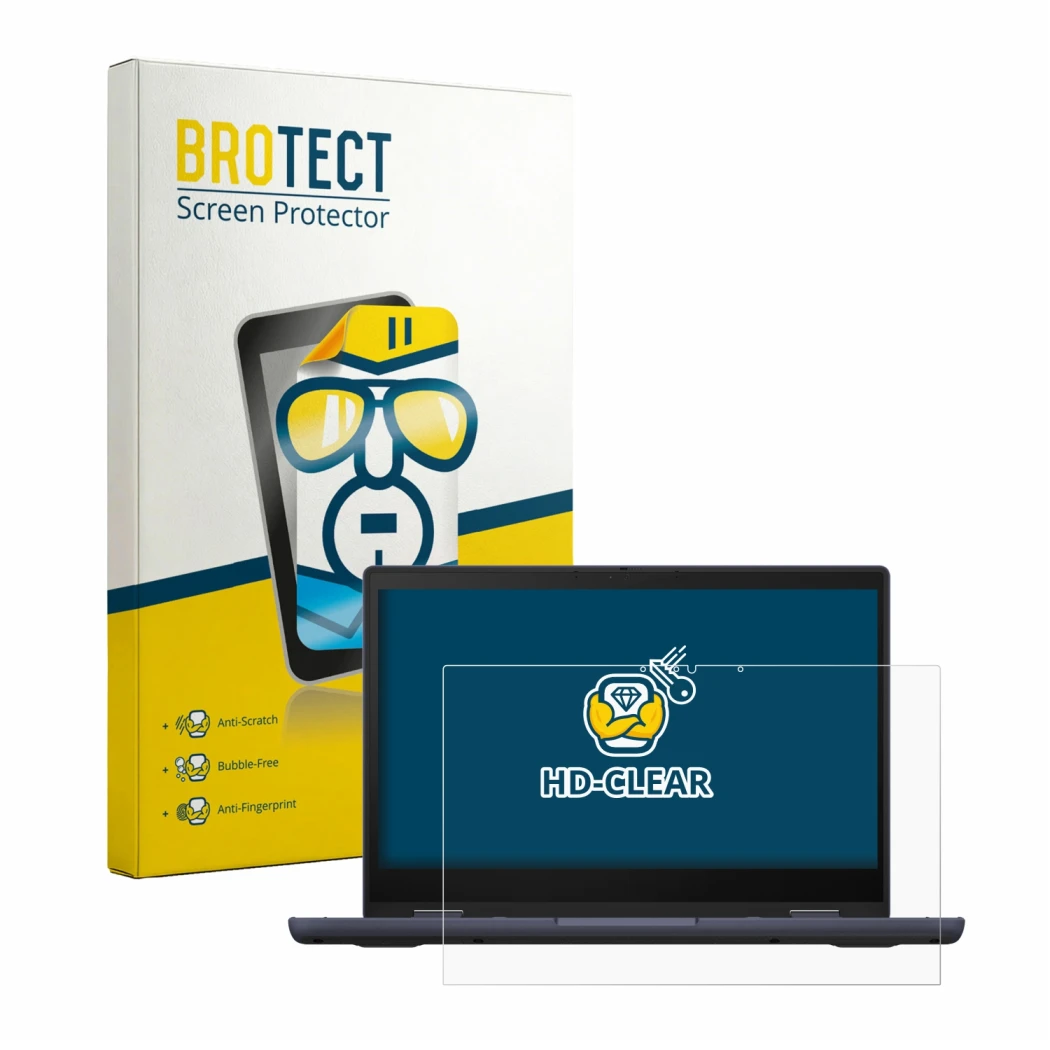 Front side of a product packaging with the brand logo BROTECT. Next to it is the device ASUS ExpertBook BR1402 shown with the