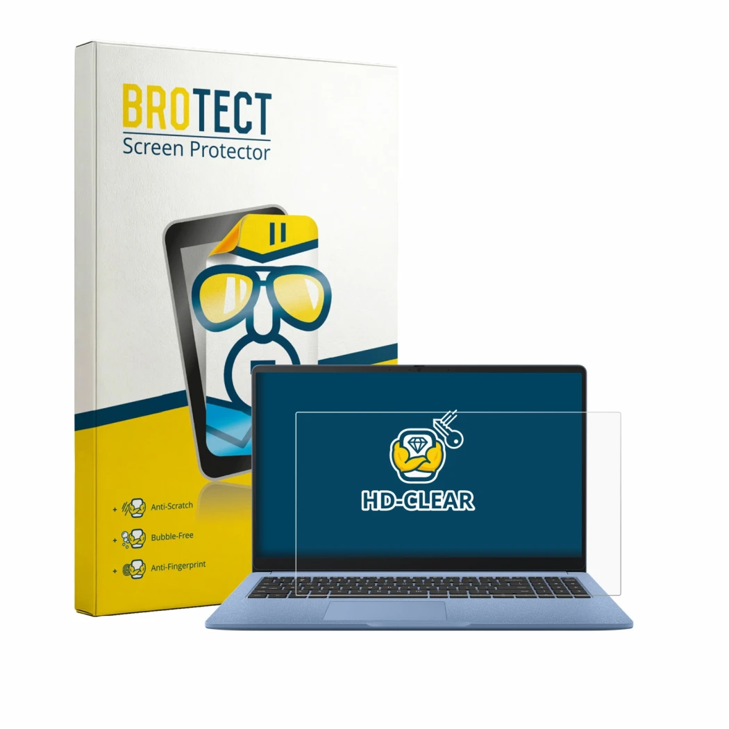 Front side of a product packaging with the brand logo BROTECT. Next to it is the device ASUS Chromebook CM15 shown with the co