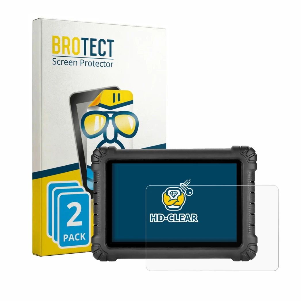 Front side of a product packaging with the brand logo BROTECT. Next to it is the device Autel MaxiSys MS906 MAX shown with the