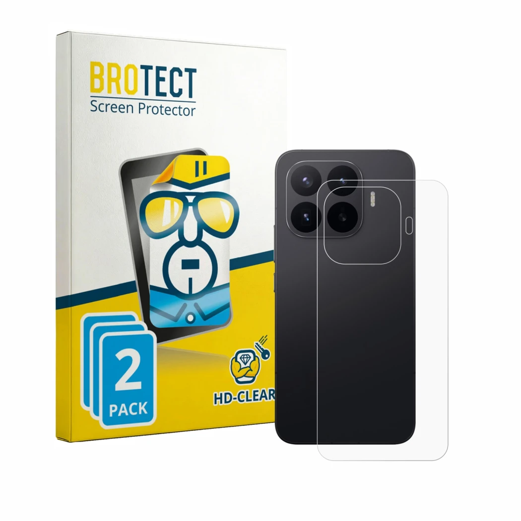 Front side of a product packaging with the brand logo BROTECT. Next to it is the device Xiaomi 17T Pro (Back) shown with the c