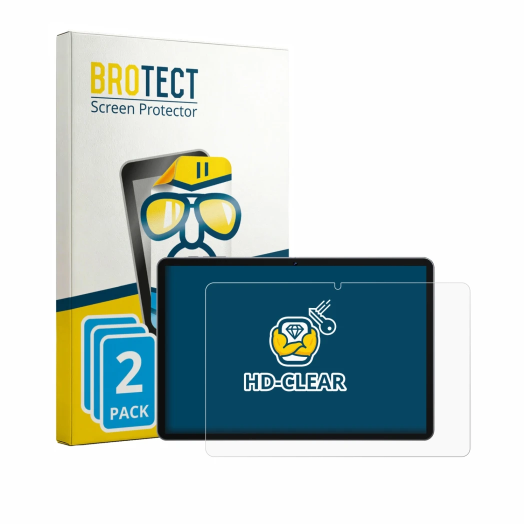 Front side of a product packaging with the brand logo BROTECT. Next to it is the device SVITOO TAB P10 shown with the correspo