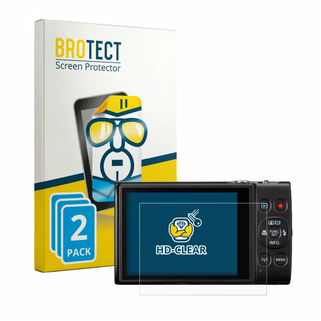 Front side of a product packaging with the brand logo BROTECT. Next to it is the device Canon IXUS 285 HS A shown with the cor
