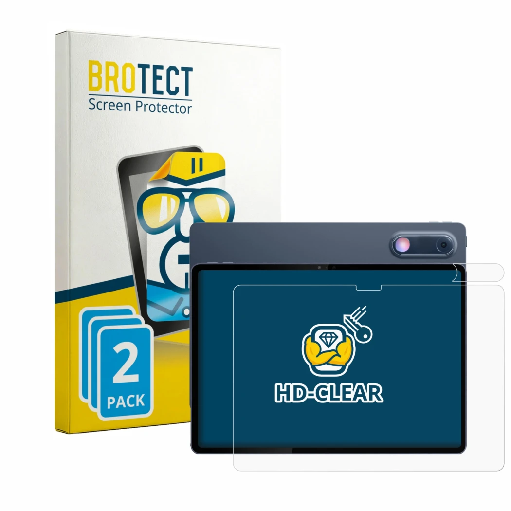 Front side of a product packaging with the brand logo BROTECT. Next to it is the device Lenovo Yoga Tab Gen 2 (Front+Camera) s