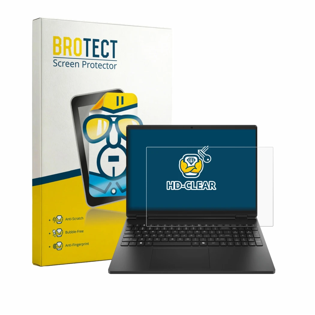 Front side of a product packaging with the brand logo BROTECT. Next to it is the device HP HyperX OMEN 15 shown with the corre