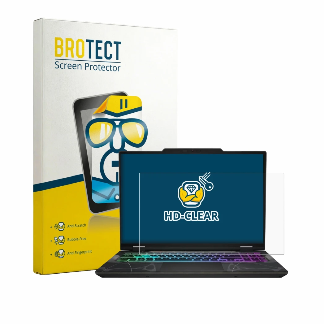 Front side of a product packaging with the brand logo BROTECT. Next to it is the device MSI Cyborg 15 B13W shown with the corr