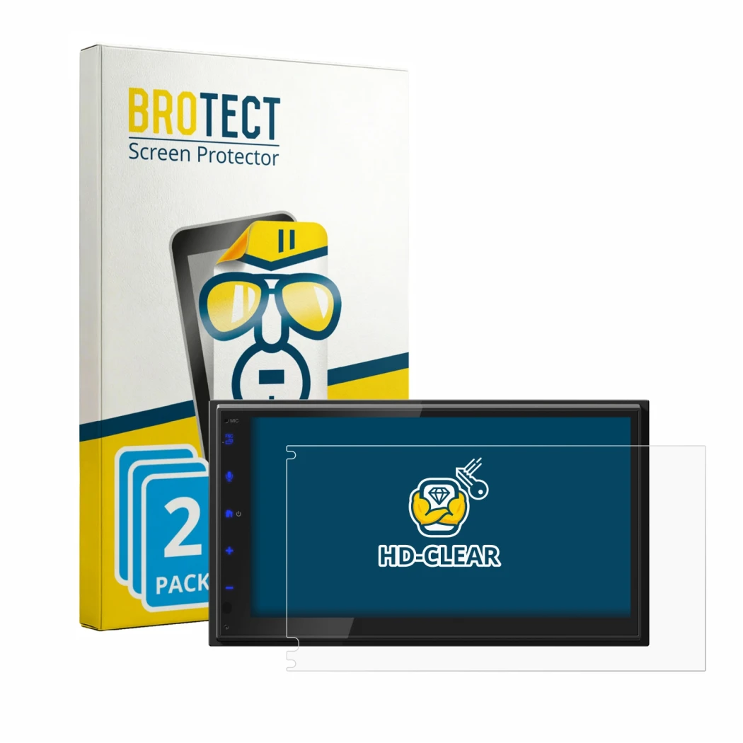 Front side of a product packaging with the brand logo BROTECT. Next to it is the device JVC KW-593BT shown with the correspond