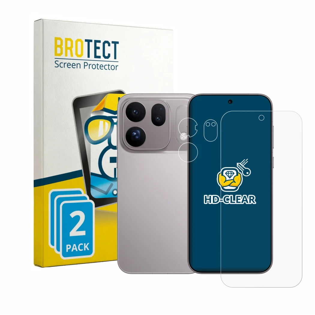 Front side of a product packaging with the brand logo BROTECT. Next to it is the device Oppo Find X10 (Front+Camera) shown wit
