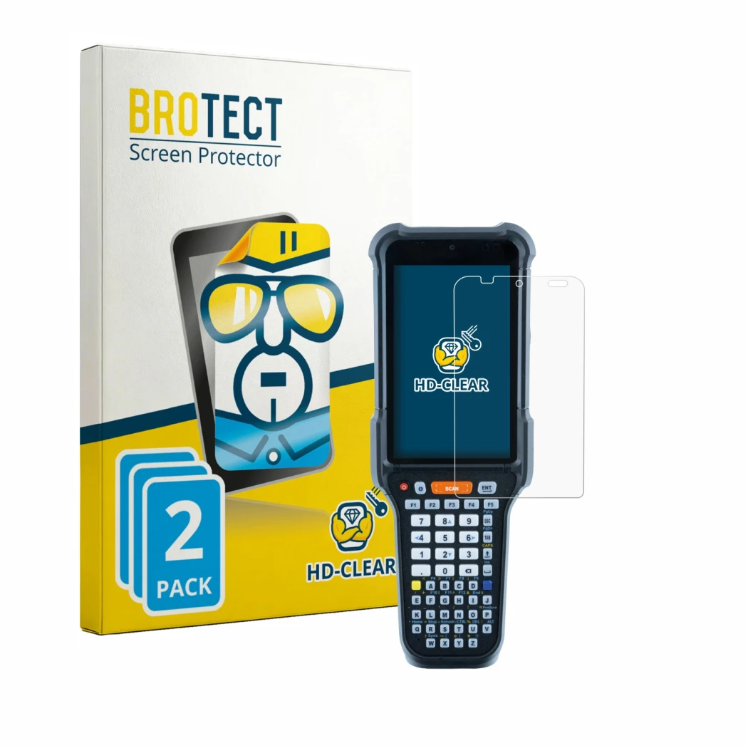 Front side of a product packaging with the brand logo BROTECT. Next to it is the device Datalogic Falcon X65 shown with the co