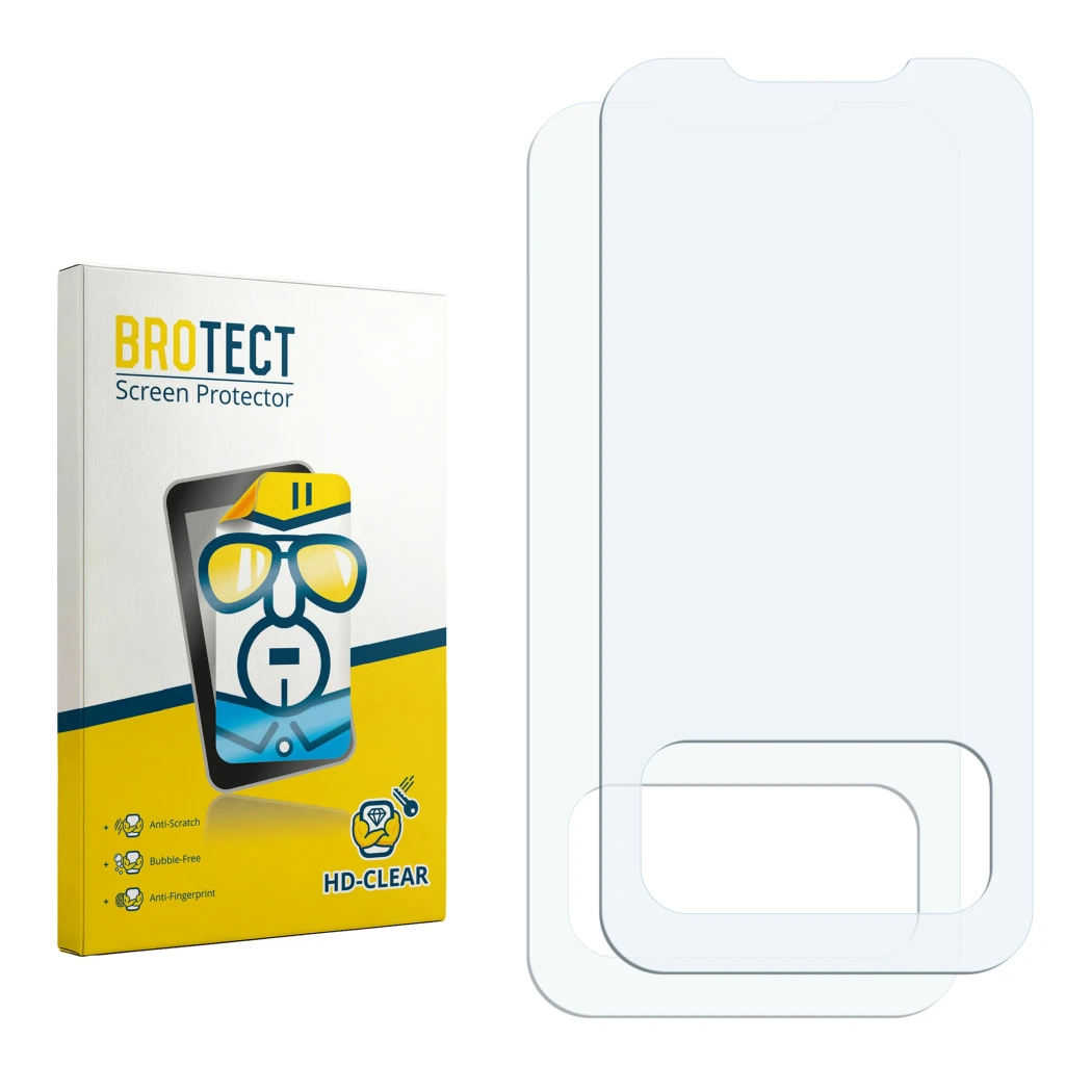 Front side of a product packaging with the brand logo BROTECT. Next to it is the corresponding screen protector.