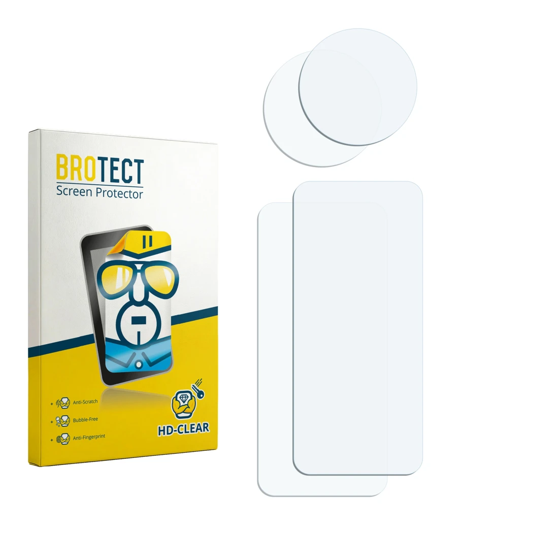 Front side of a product packaging with the brand logo BROTECT. Next to it is the corresponding screen protector.