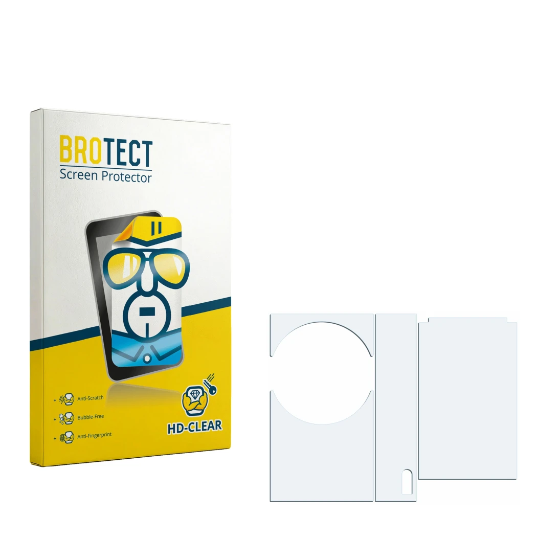 Front side of a product packaging with the brand logo BROTECT. Next to it is the corresponding screen protector.