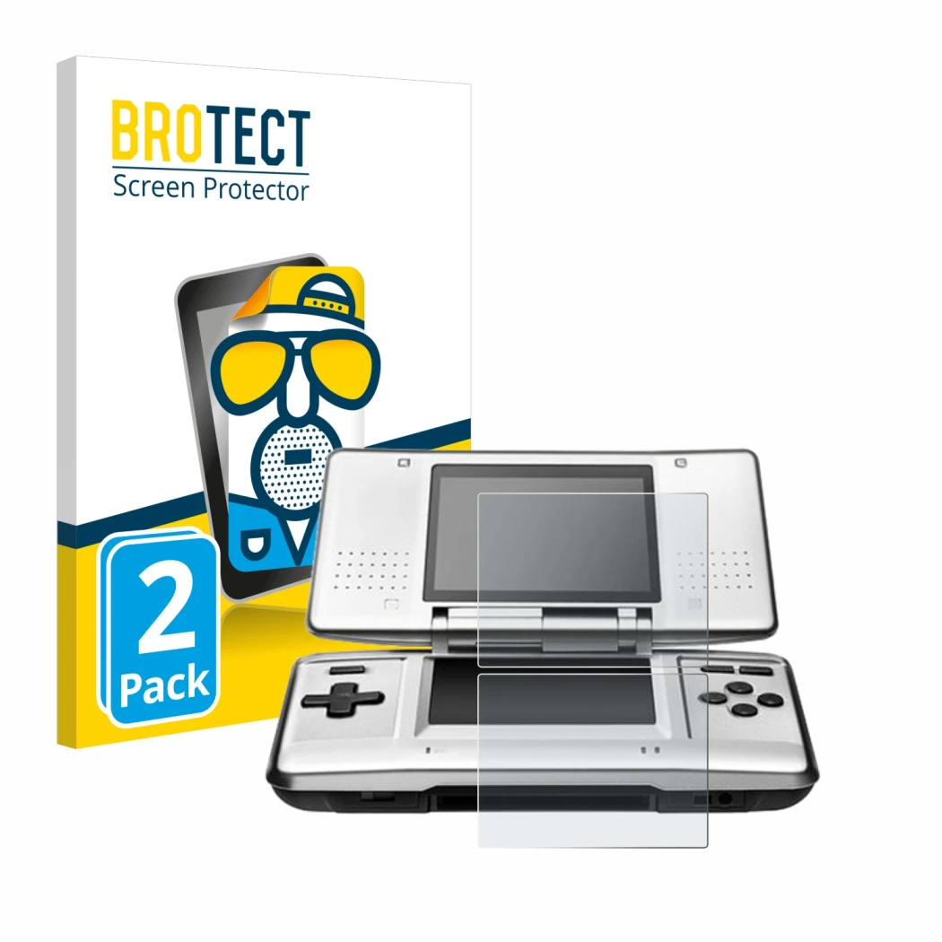 Front side of a product packaging with the brand logo BROTECT. Next to it is the device Nintendo DS shown with the correspondi