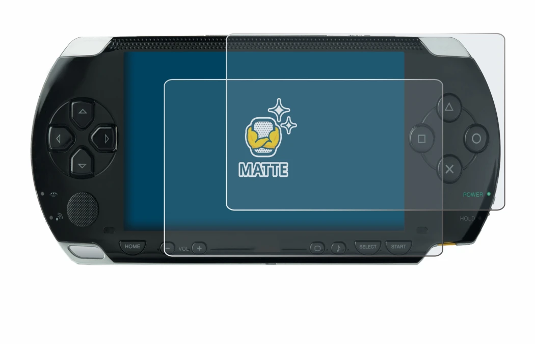 Image of the device Sony PSP 1000 with a wide variety of screen protectors.