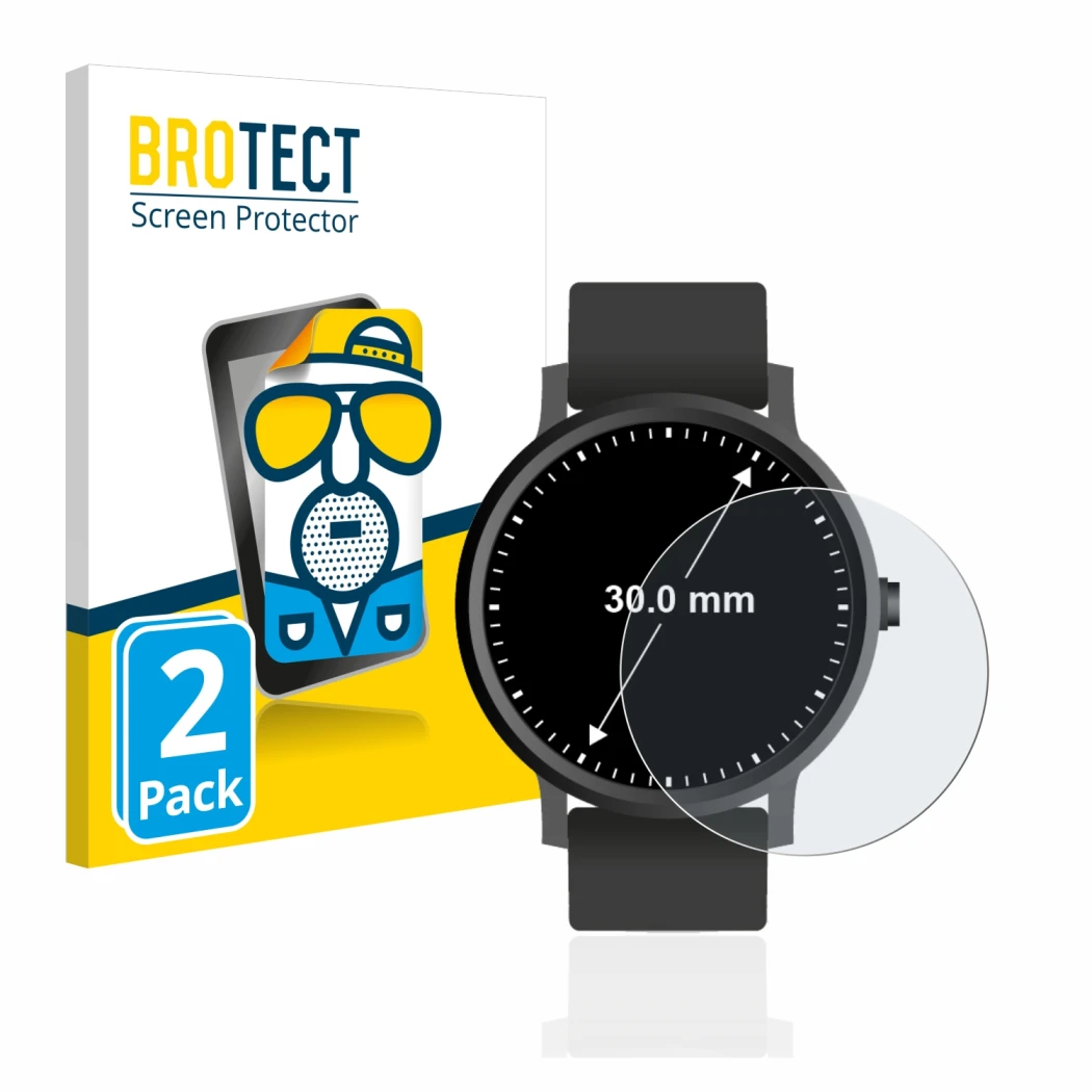 Front side of a product packaging with the brand logo BROTECT. Next to it is the device Watches (Circular, ø: 30 mm) shown wit