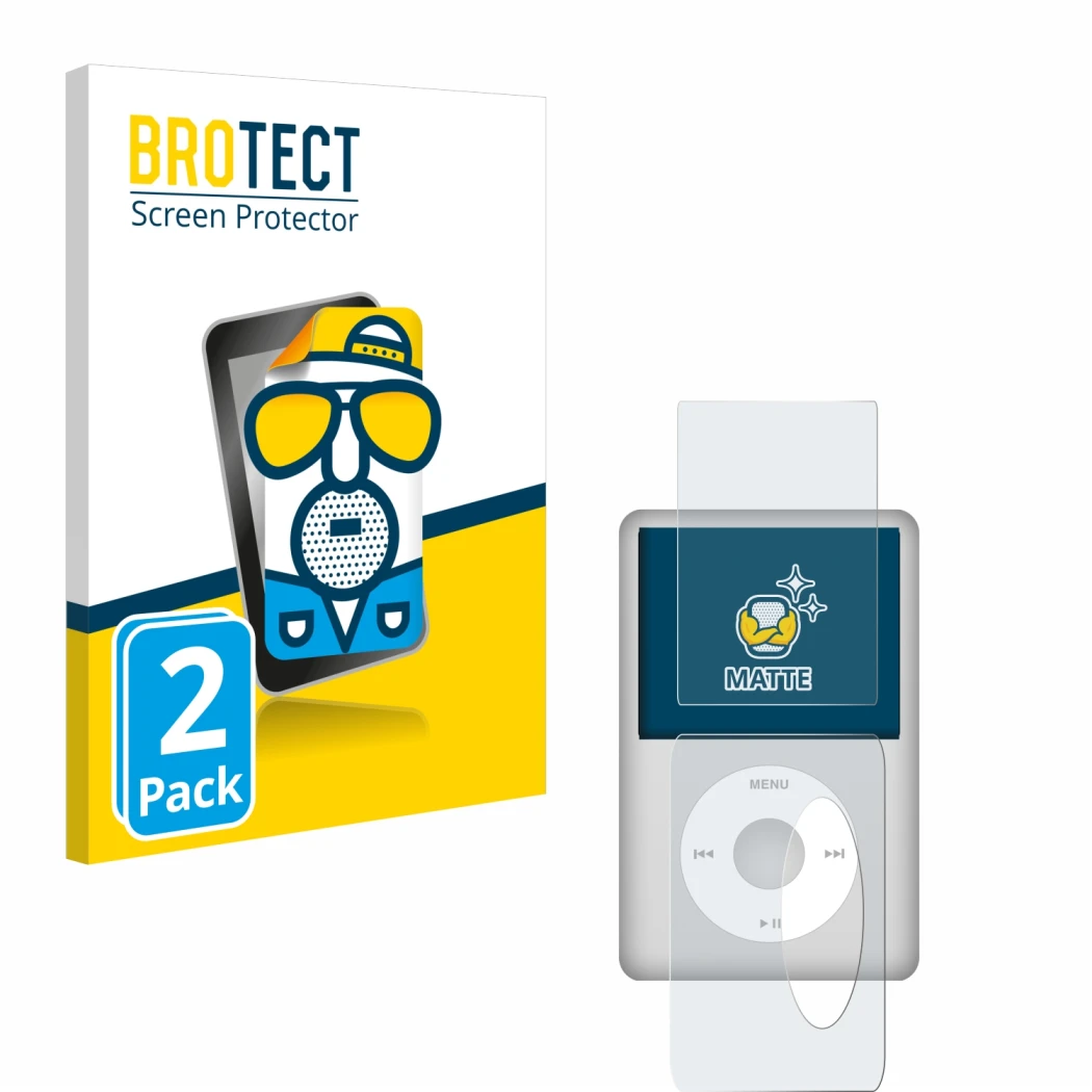Front side of a product packaging with the brand logo BROTECT. Next to it is the device Apple iPod Classic (Front+Back, 5.5 Ge