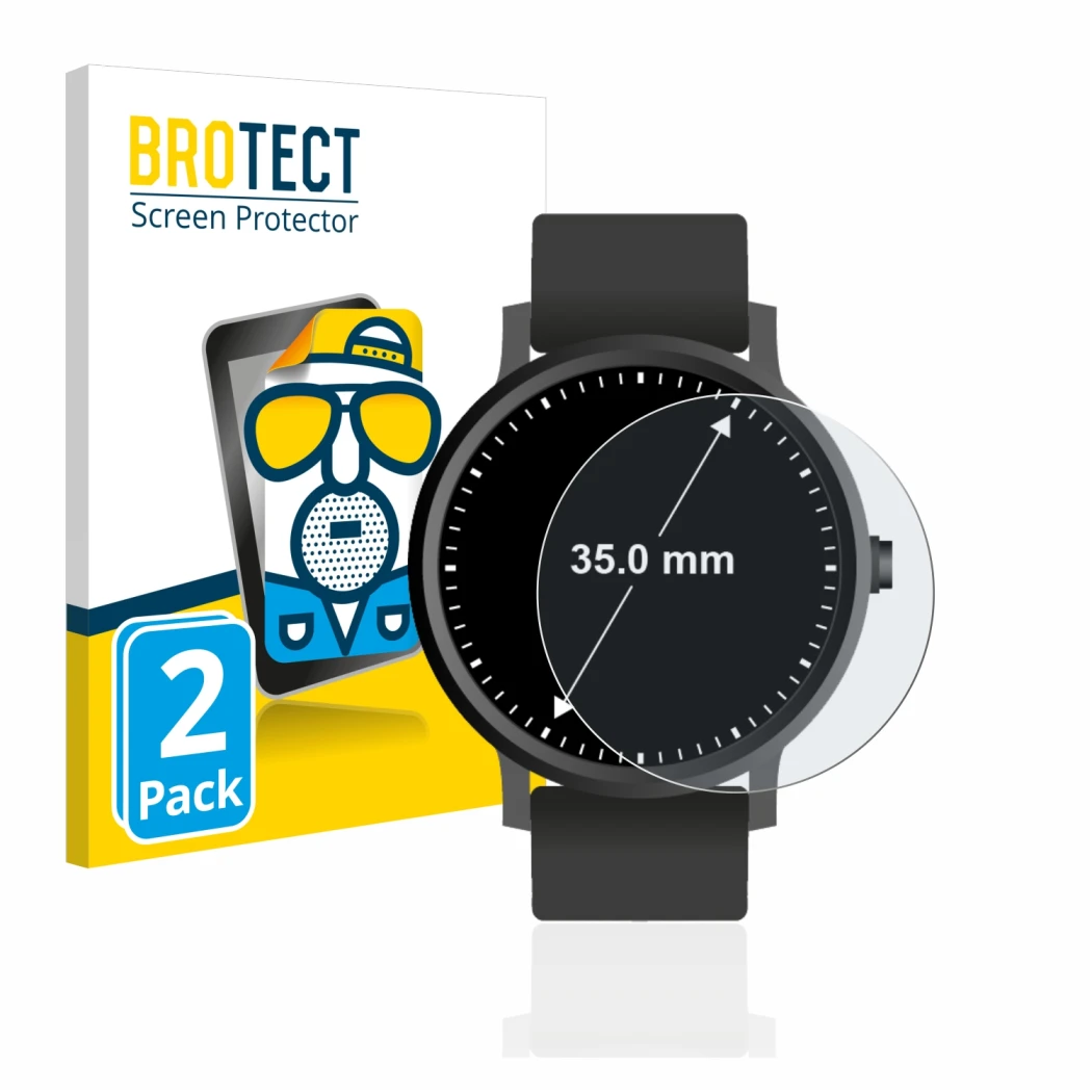 Front side of a product packaging with the brand logo BROTECT. Next to it is the device Watches (Circular, ø: 35 mm) shown wit