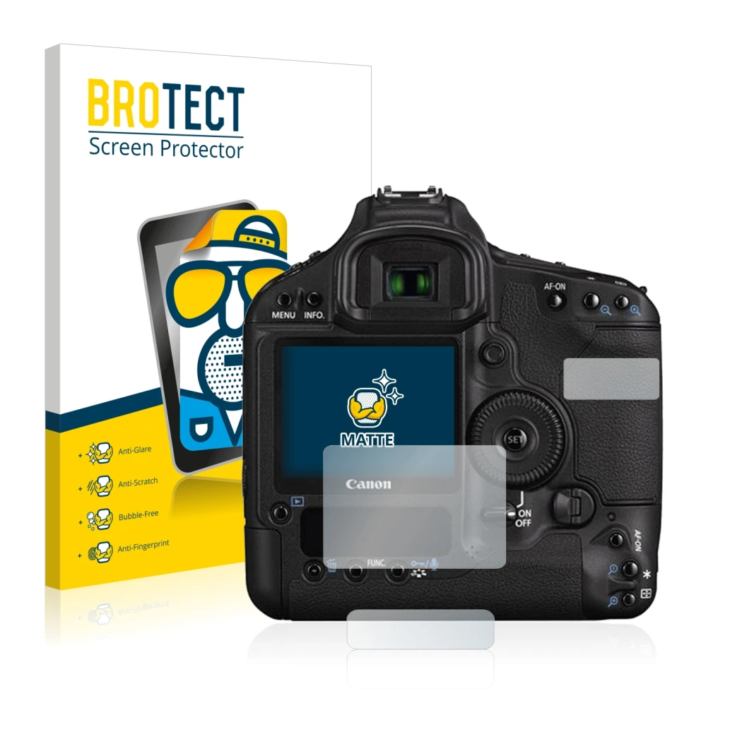 Front side of a product packaging with the brand logo BROTECT. Next to it is the device Canon EOS 1D Mark III shown with the c