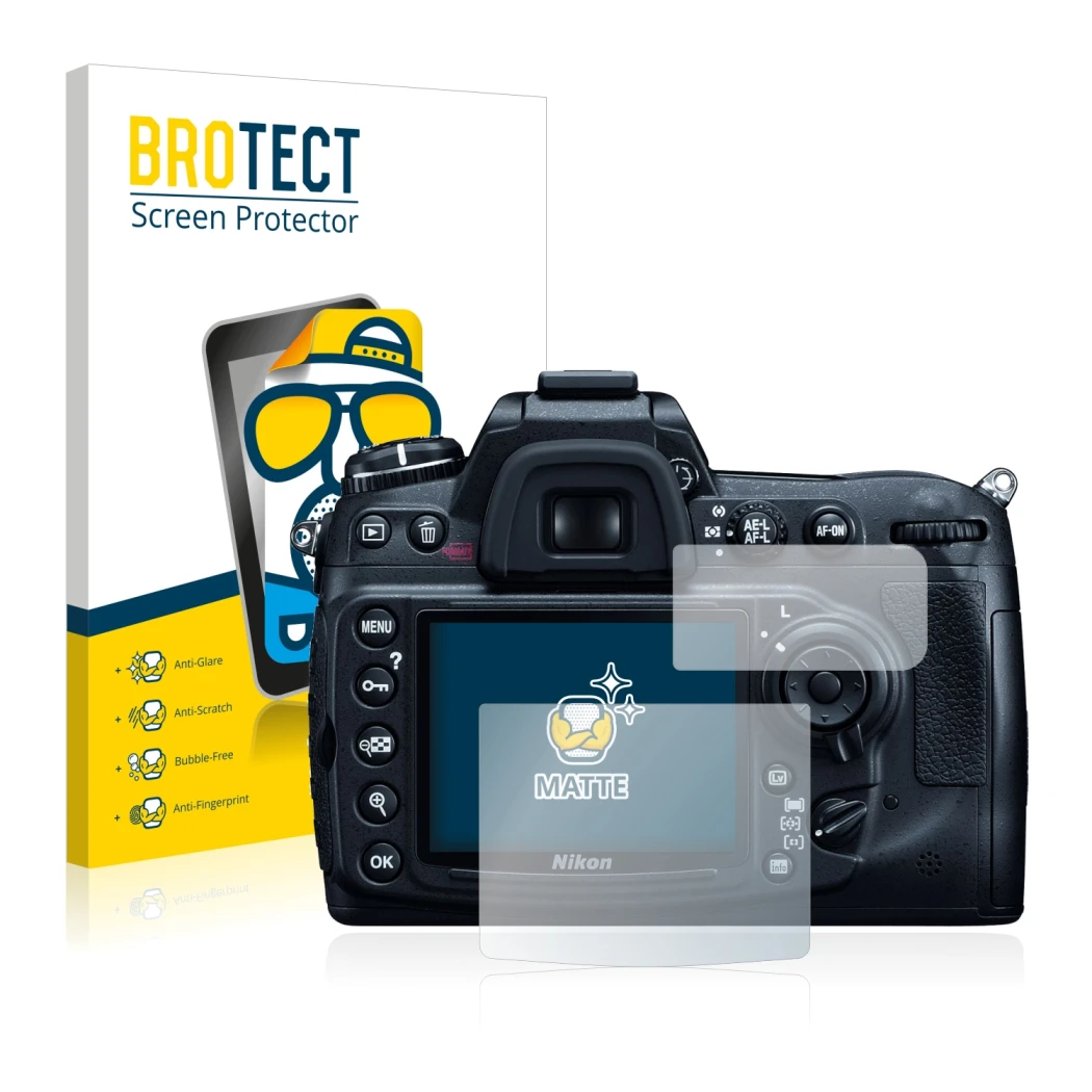 Front side of a product packaging with the brand logo BROTECT. Next to it is the device Nikon D300 shown with the correspondin