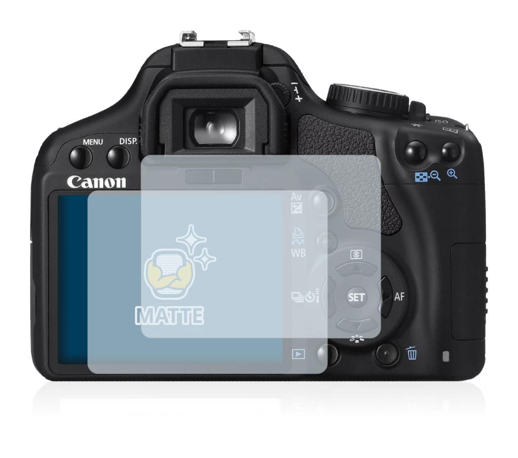 Image of the device Canon EOS 450D with a wide variety of screen protectors.