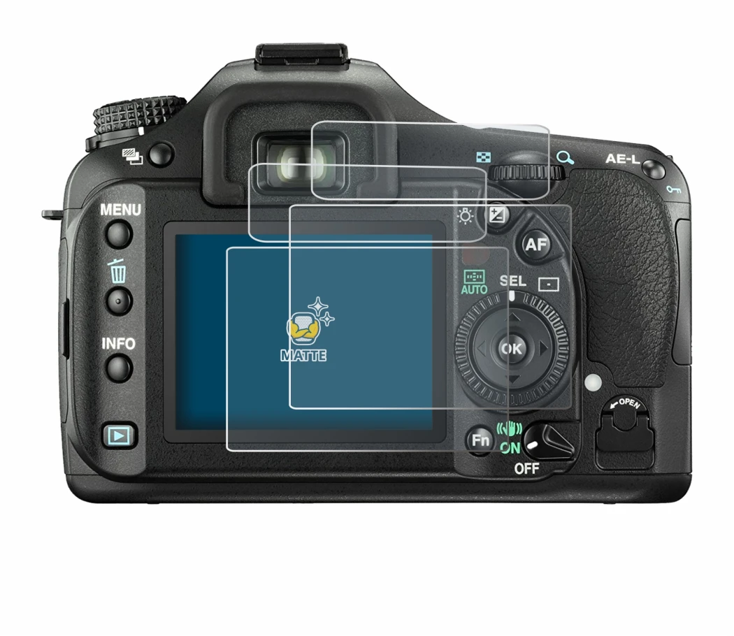 Image of the device Pentax K20D with a wide variety of screen protectors.