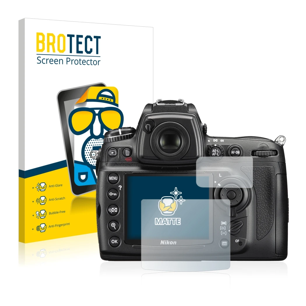 Front side of a product packaging with the brand logo BROTECT. Next to it is the device Nikon D700 shown with the correspondin