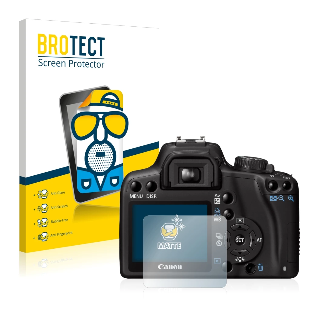 Front side of a product packaging with the brand logo BROTECT. Next to it is the device Canon EOS 1000D shown with the corresp