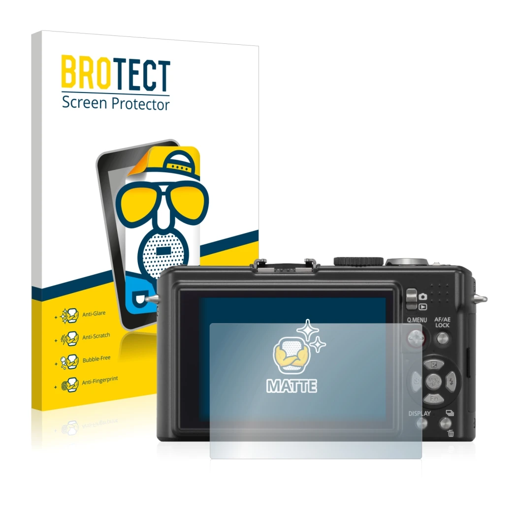 Front side of a product packaging with the brand logo BROTECT. Next to it is the device Panasonic Lumix DMC-LX3 shown with the