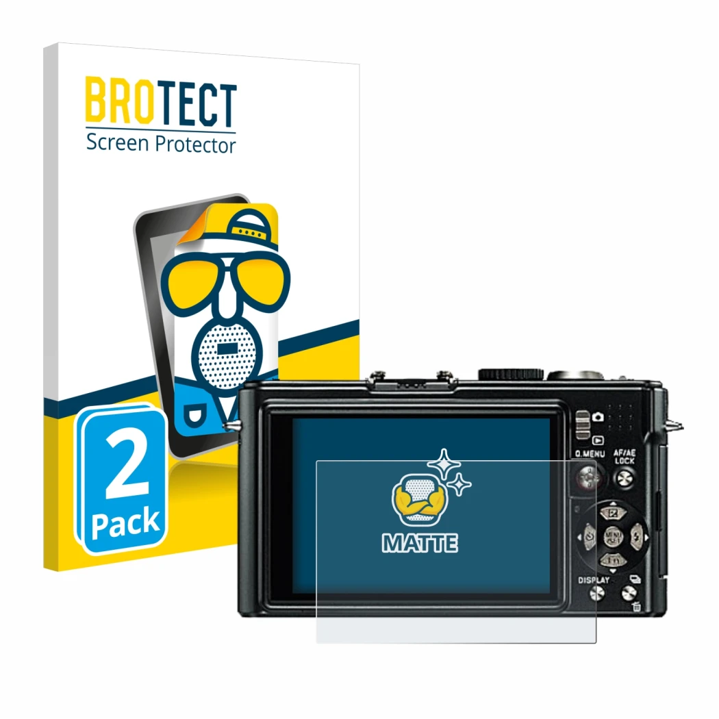 Front side of a product packaging with the brand logo BROTECT. Next to it is the device Leica D-Lux 4 shown with the correspon