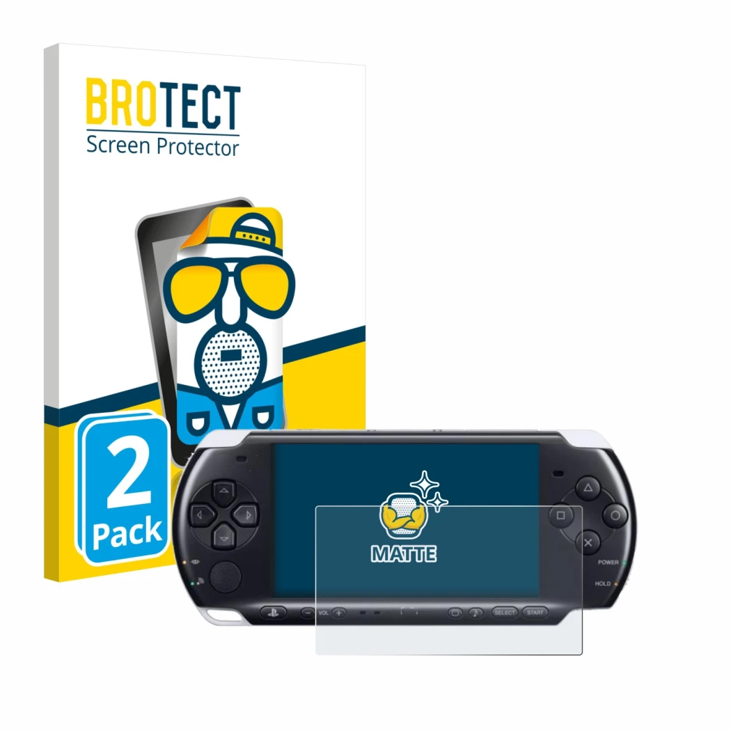Front side of a product packaging with the brand logo BROTECT. Next to it is the device Sony PSP 3000 shown with the correspon
