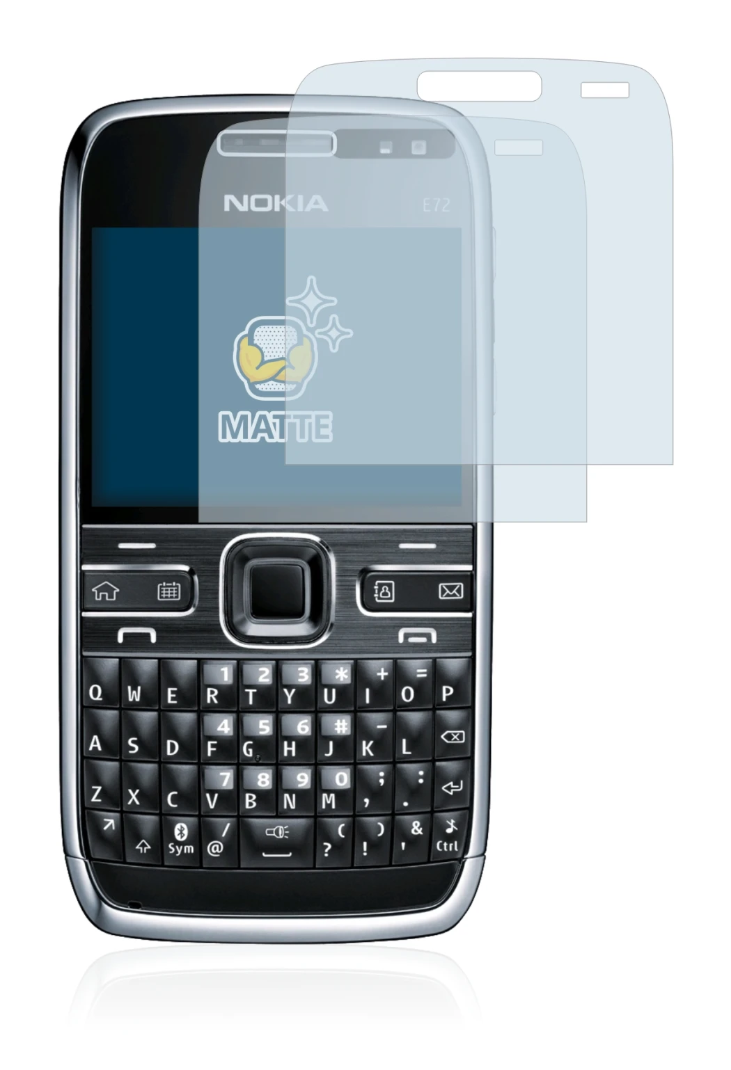 Image of the device Nokia E72 with a wide variety of screen protectors.