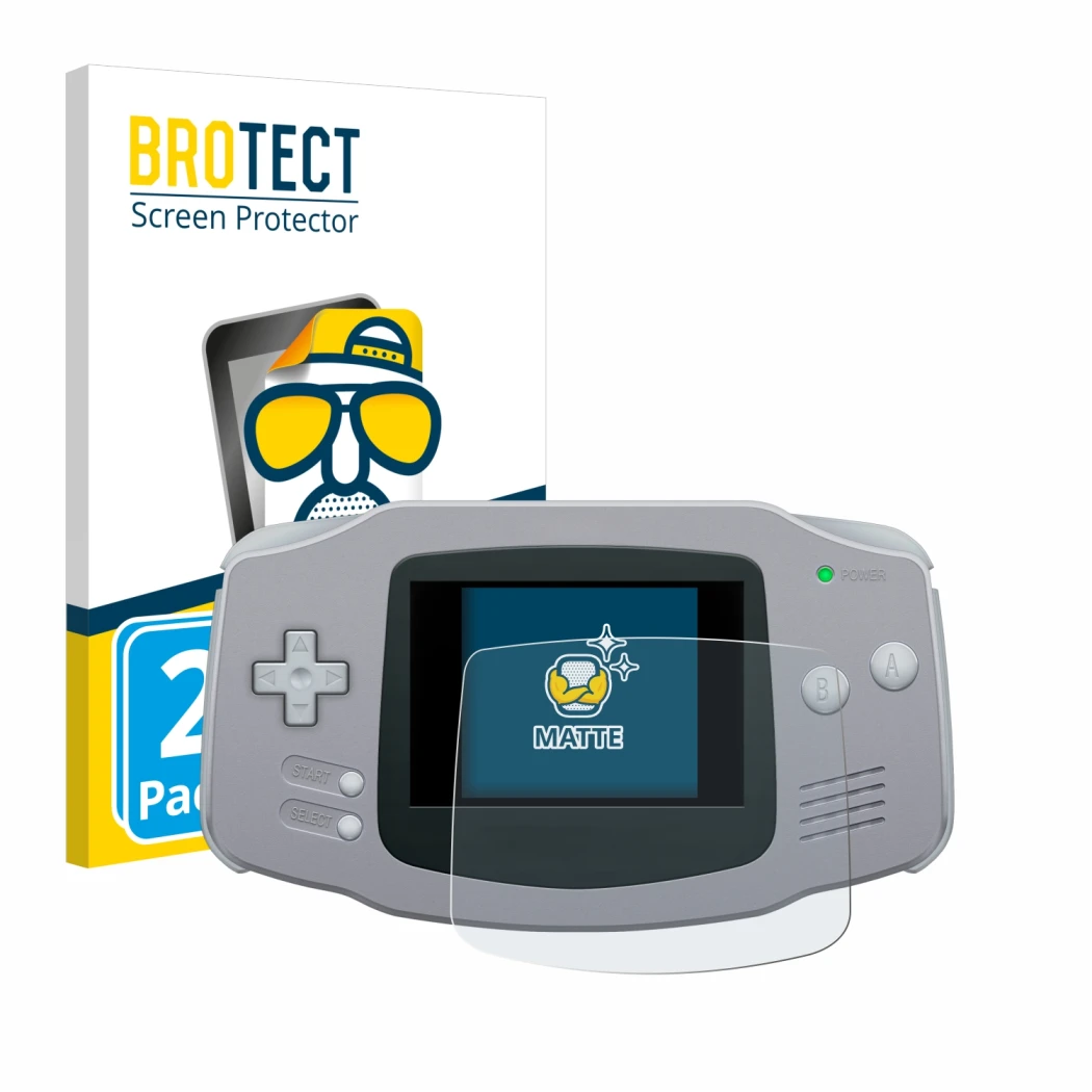 Front side of a product packaging with the brand logo BROTECT. Next to it is the device Nintendo Gameboy Advance GBA shown wit