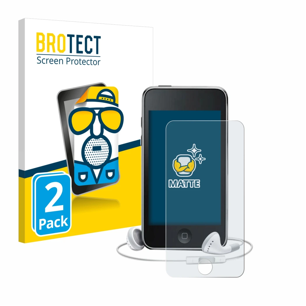 Front side of a product packaging with the brand logo BROTECT. Next to it is the device Apple iPod Touch (3rd Gen.) shown with