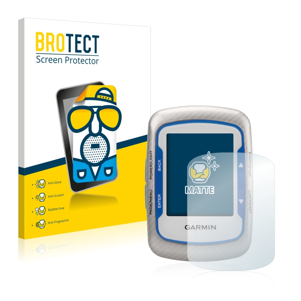 Front side of a product packaging with the brand logo BROTECT. Next to it is the device Garmin Edge 500 shown with the corresp