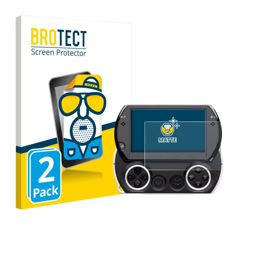 Front side of a product packaging with the brand logo BROTECT. Next to it is the device Sony PSP Go shown with the correspondi