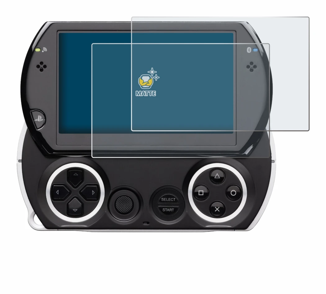 Image of the device Sony PSP Go with a wide variety of screen protectors.