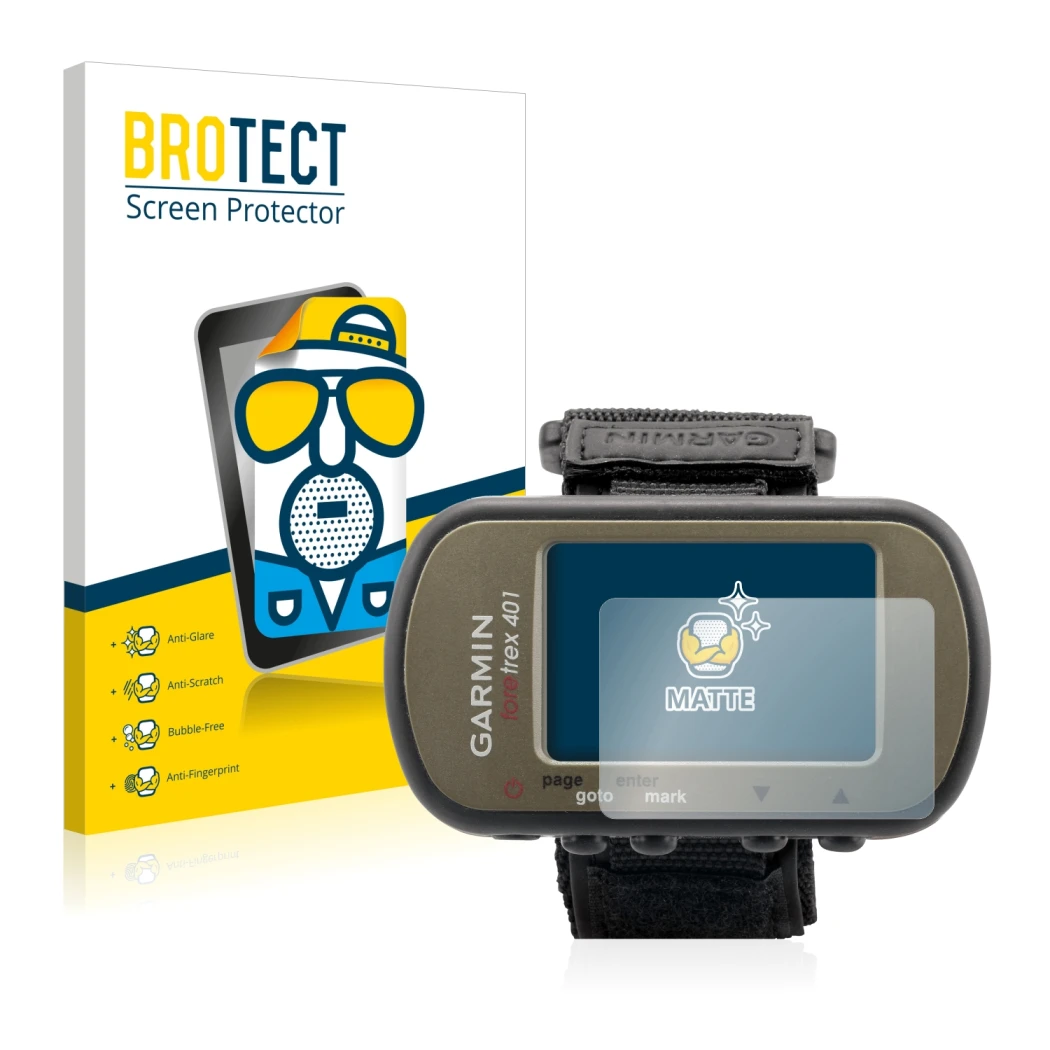 Front side of a product packaging with the brand logo BROTECT. Next to it is the device Garmin Foretrex 401 shown with the cor