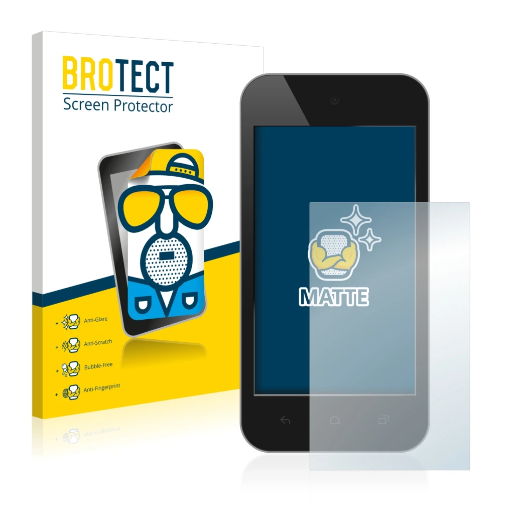 Front side of a product packaging with the brand logo BROTECT. Next to it is the device shown with the corresponding screen pr