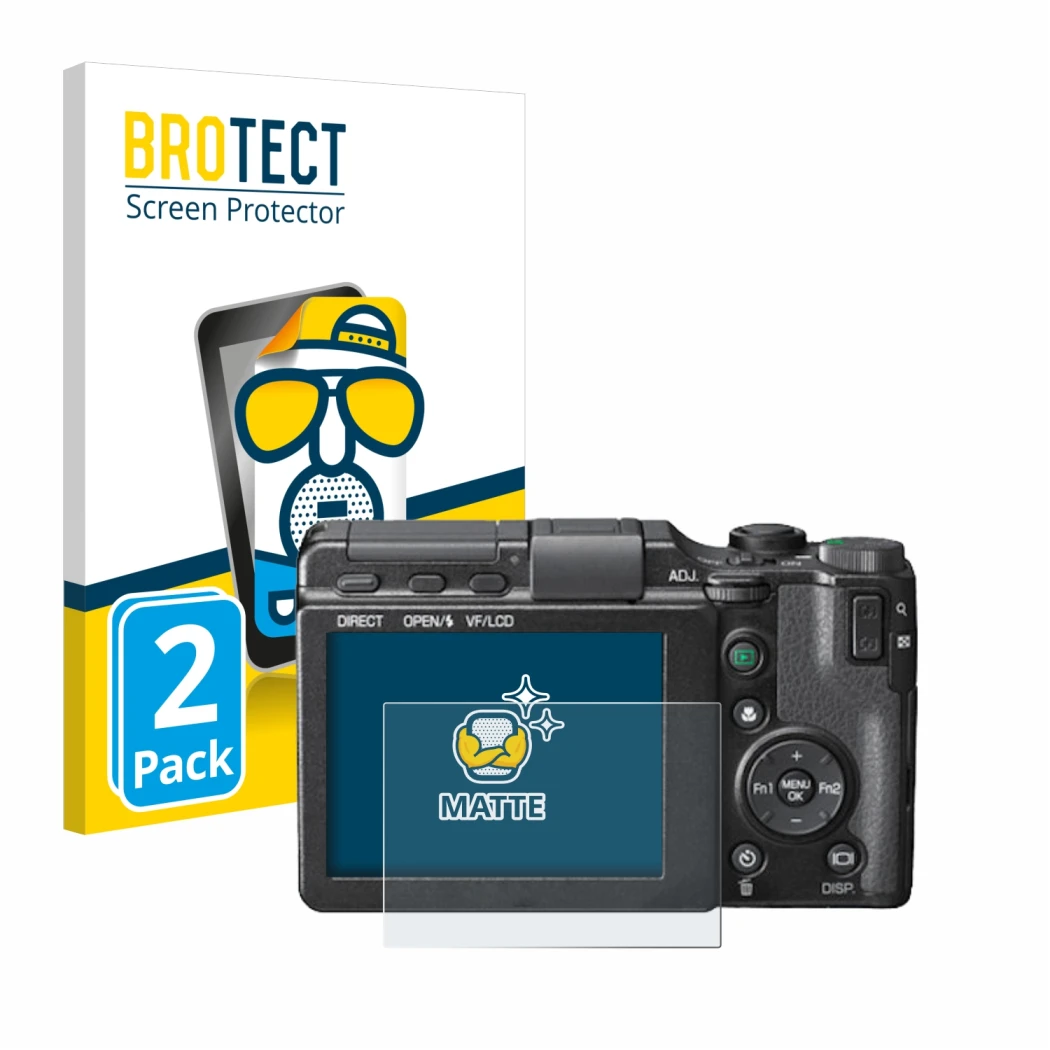 Front side of a product packaging with the brand logo BROTECT. Next to it is the device Ricoh GXR shown with the corresponding