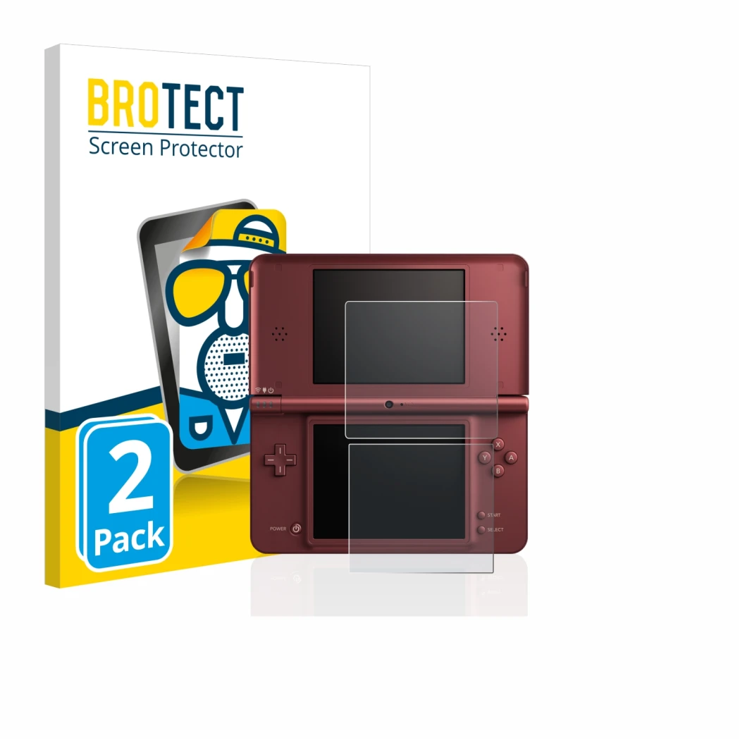Front side of a product packaging with the brand logo BROTECT. Next to it is the device Nintendo DSi XL shown with the corresp