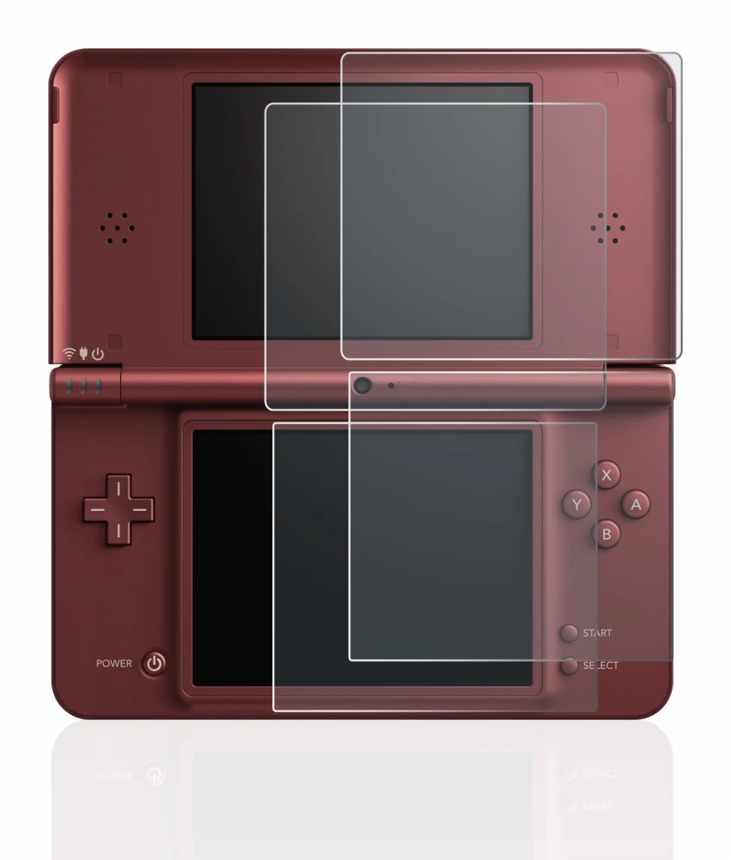 Image of the device Nintendo DSi XL with a wide variety of screen protectors.