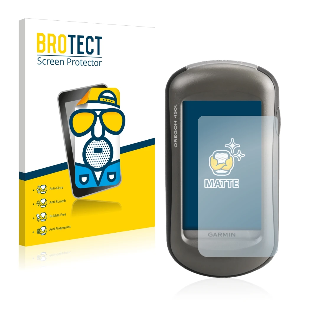Front side of a product packaging with the brand logo BROTECT. Next to it is the device Garmin Oregon 450 shown with the corre