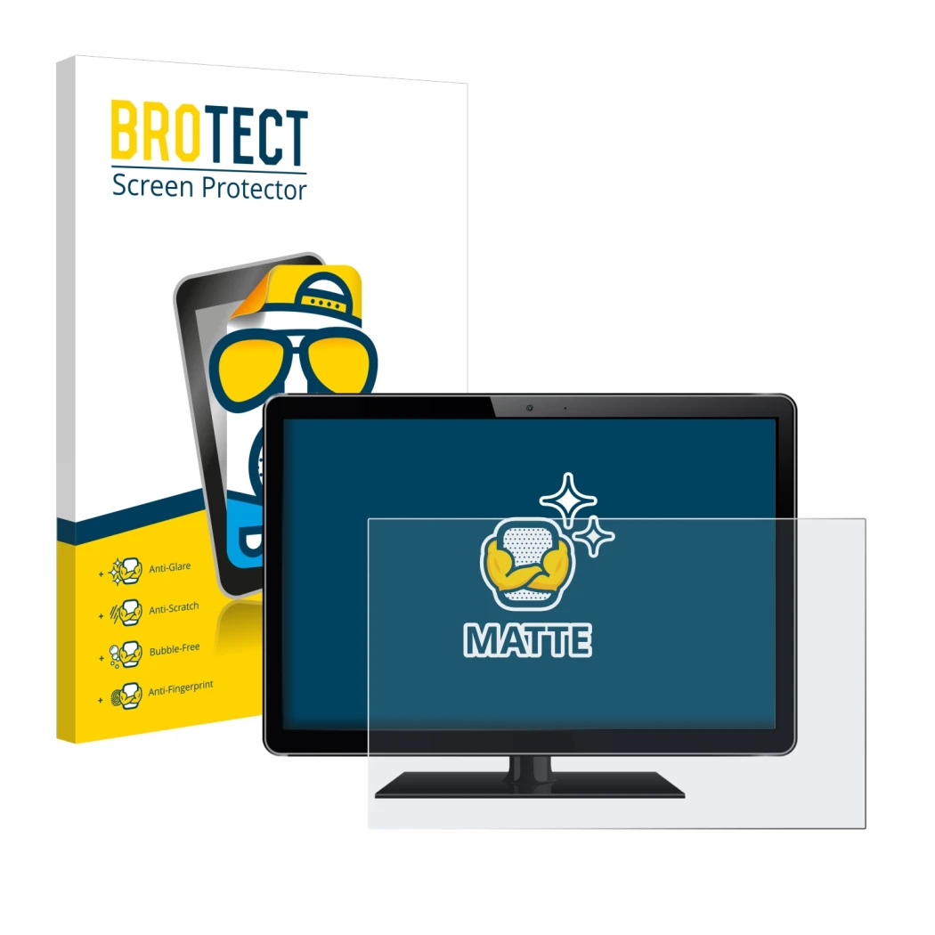 Front side of a product packaging with the brand logo BROTECT. Next to it is the device shown with the corresponding screen pr