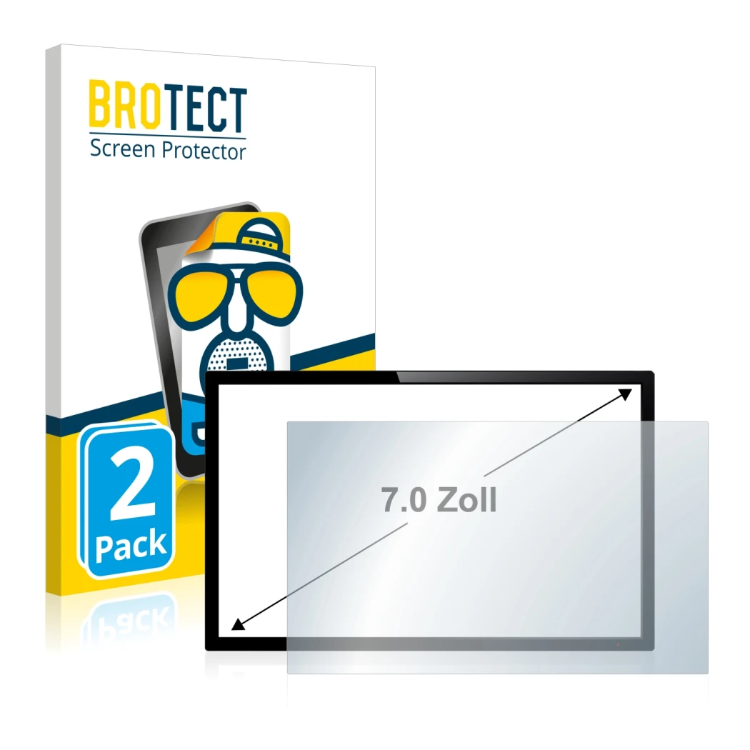 Front side of a product packaging with the brand logo BROTECT. Next to it is the device shown with the corresponding screen pr
