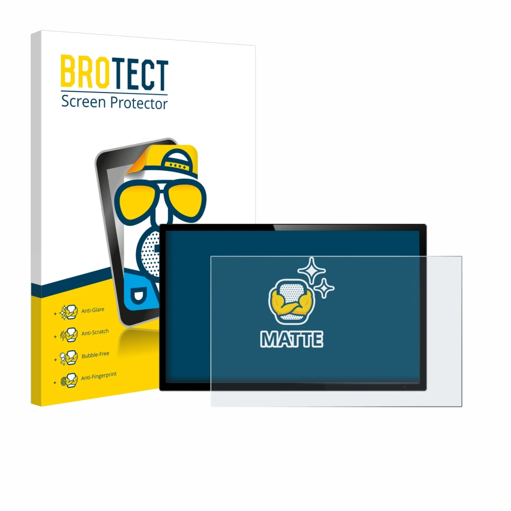 Front side of a product packaging with the brand logo BROTECT. Next to it is the device shown with the corresponding screen pr