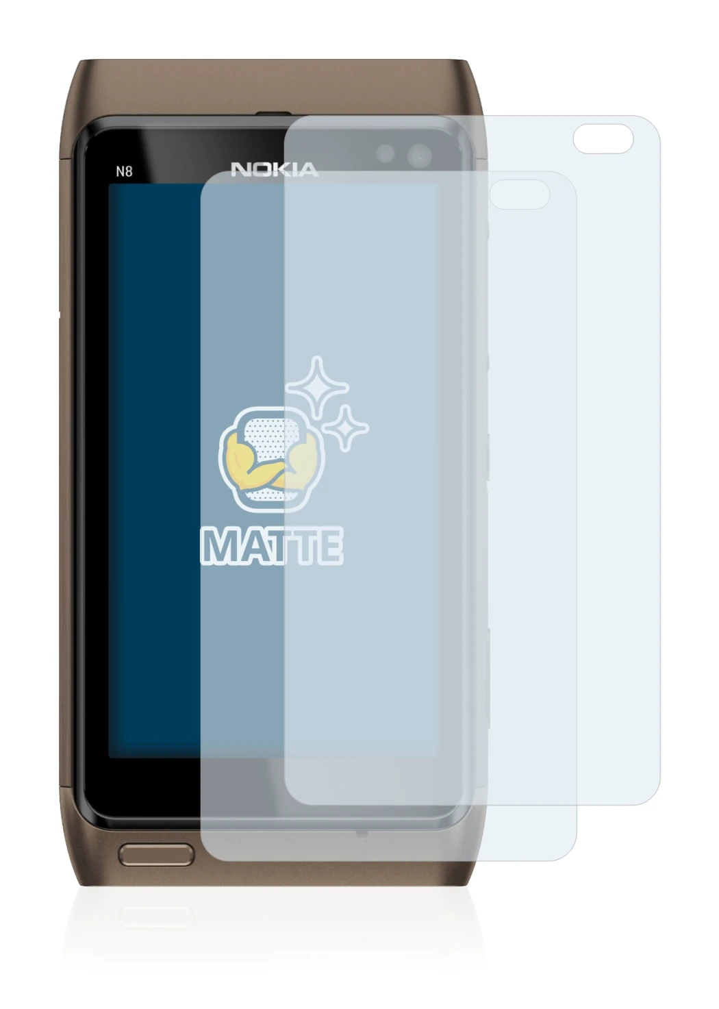 Image of the device Nokia n8 with a wide variety of screen protectors.