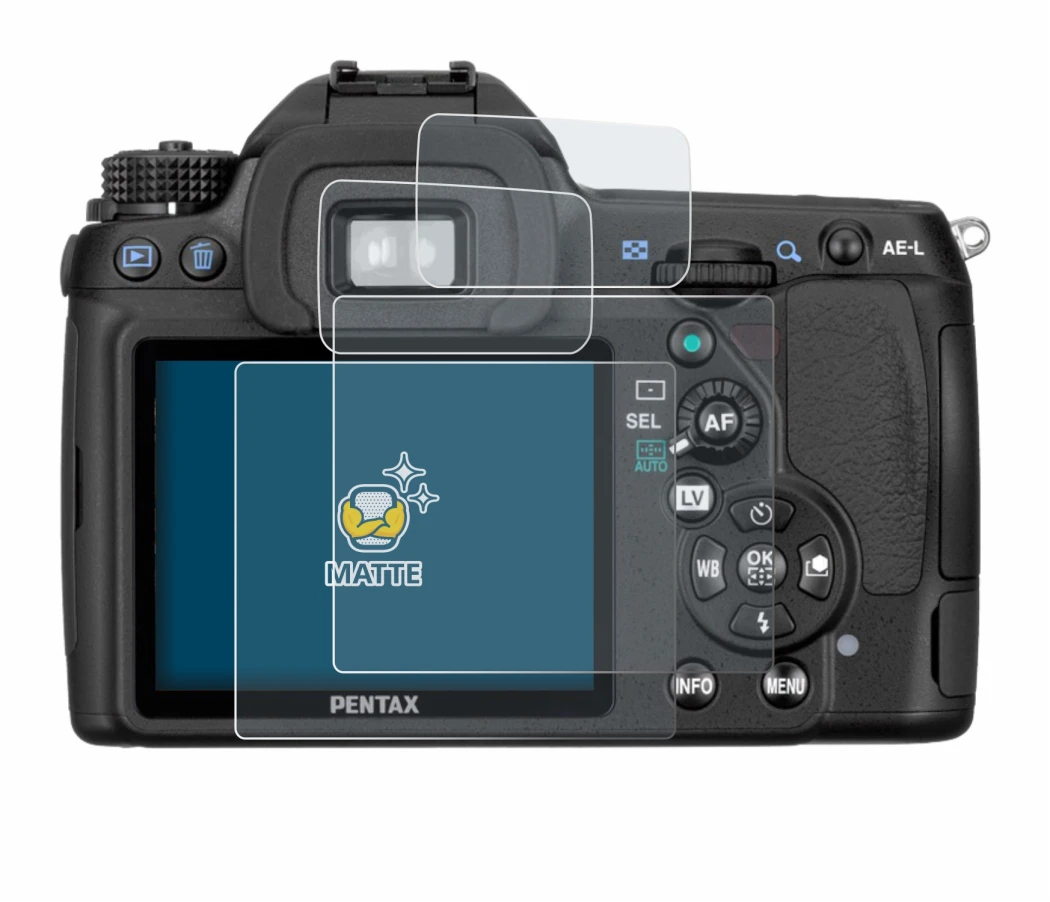 Image of the device Pentax K5, K-5 with a wide variety of screen protectors.