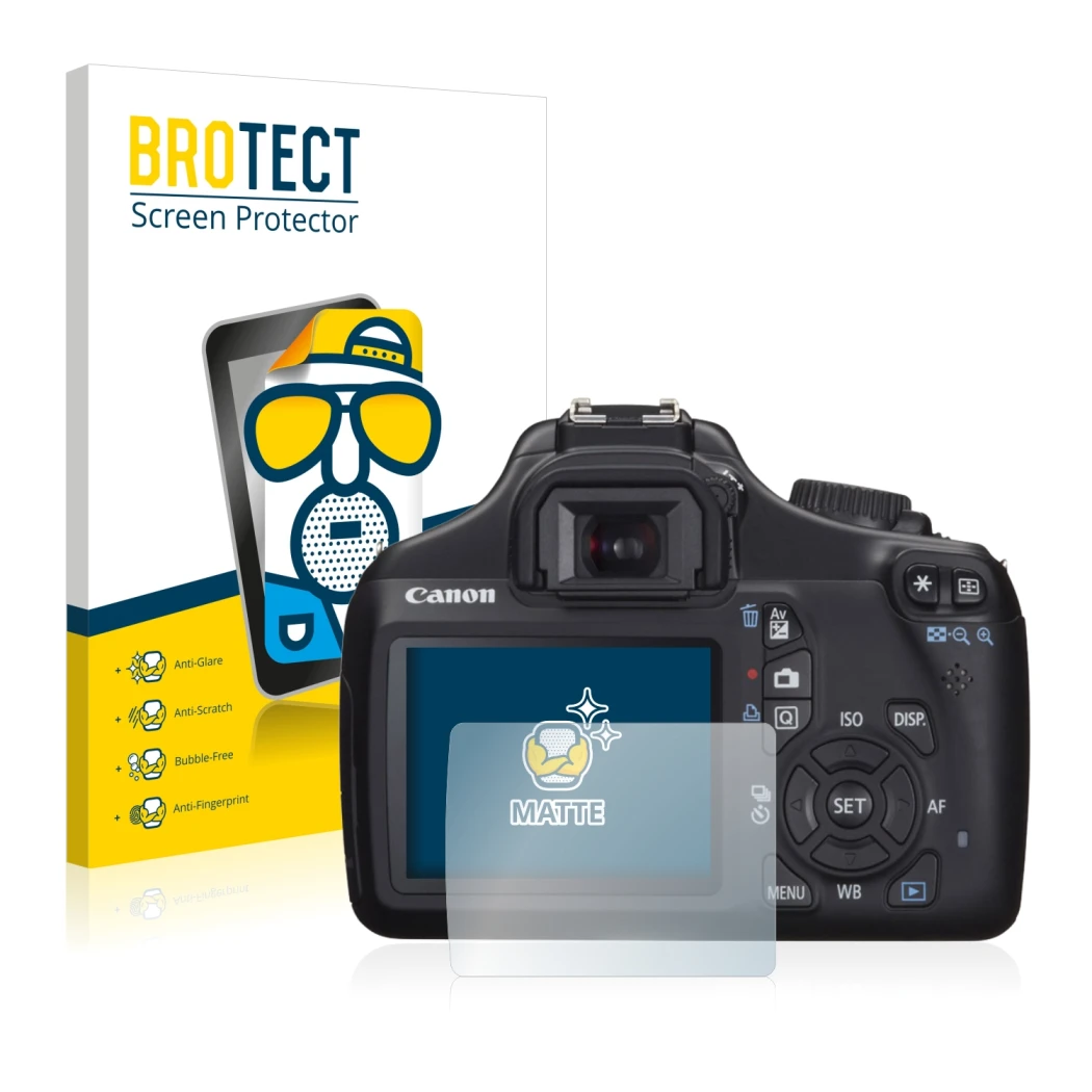 Front side of a product packaging with the brand logo BROTECT. Next to it is the device Canon EOS 1100D shown with the corresp