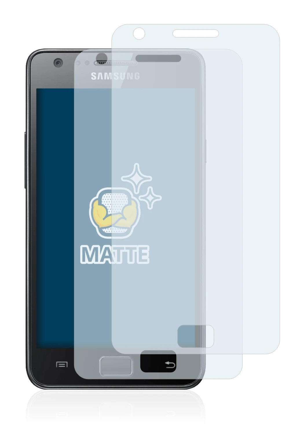 Image of the device Samsung Galaxy S2 with a wide variety of screen protectors.
