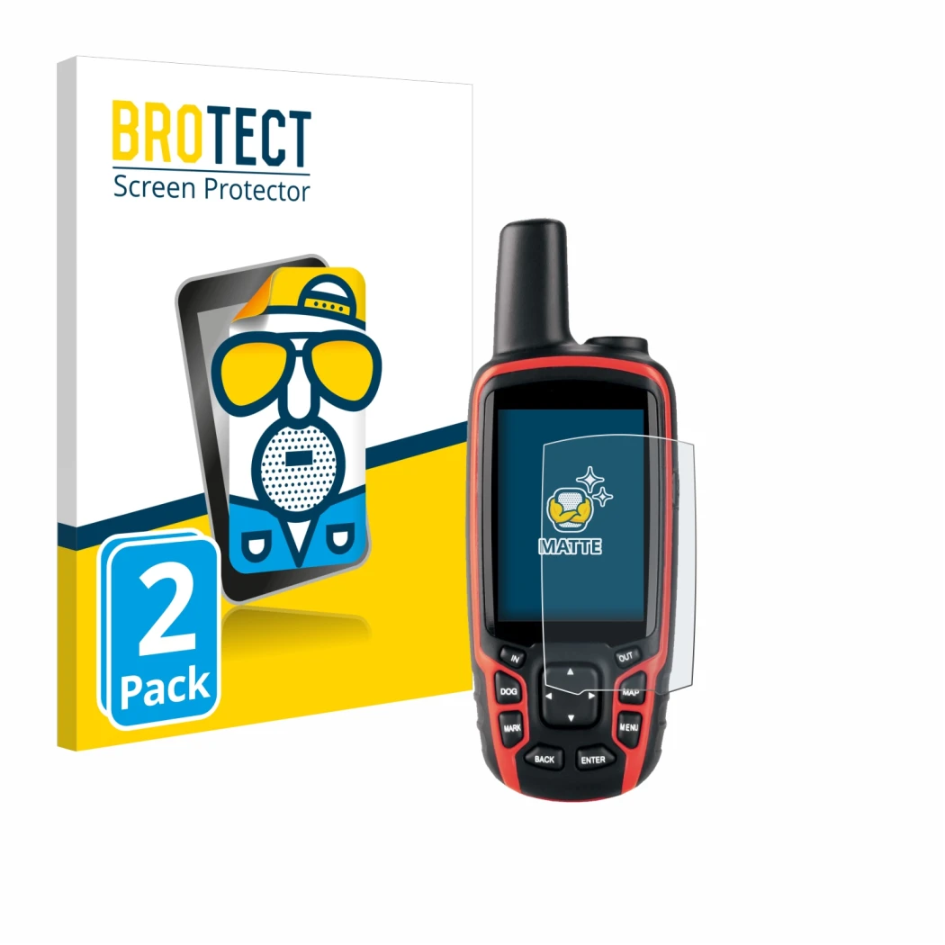Front side of a product packaging with the brand logo BROTECT. Next to it is the device Garmin Astro 320 shown with the corres