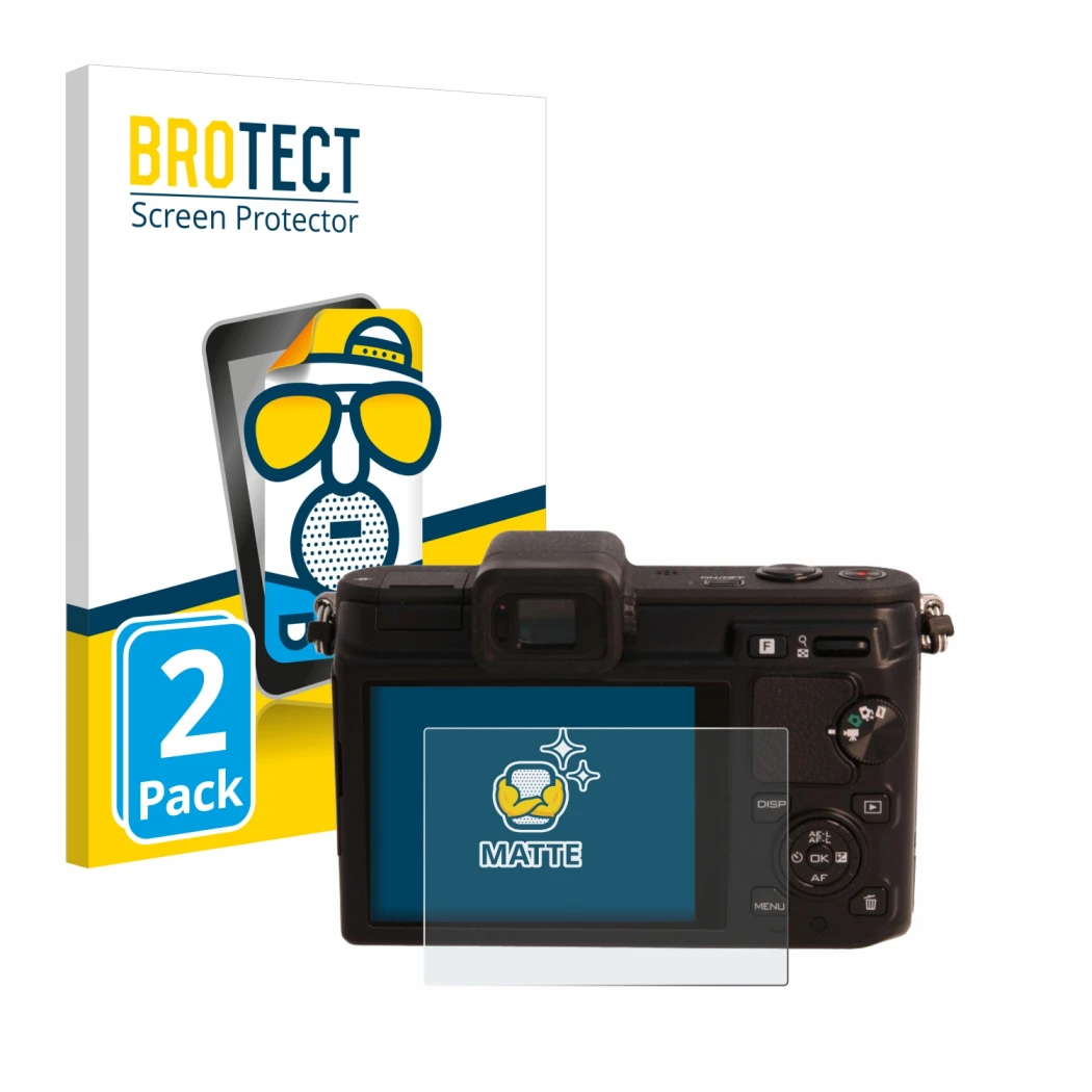 Front side of a product packaging with the brand logo BROTECT. Next to it is the device Nikon 1 V1 shown with the correspondin